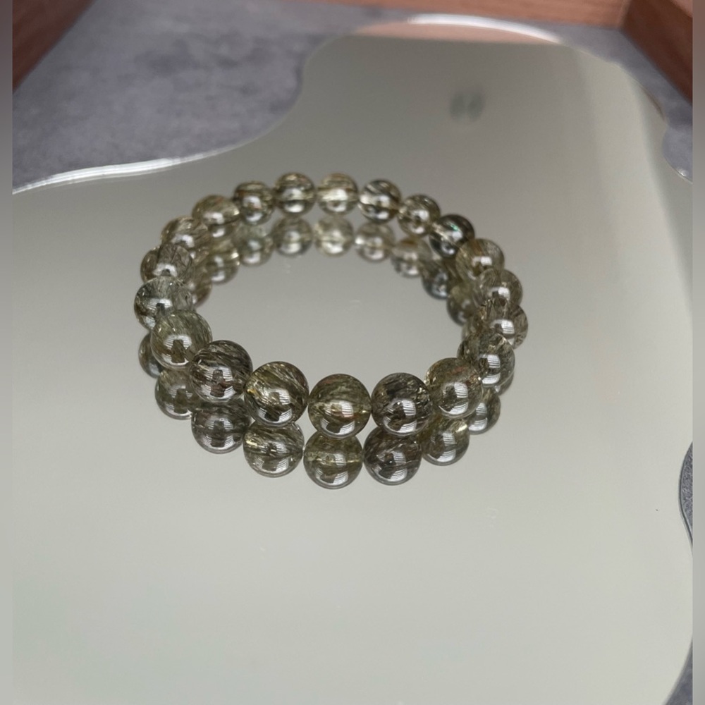 Green Tourmaline Rutilated Quartz Gemstone Bead Bracelet, 9.5mm Beads